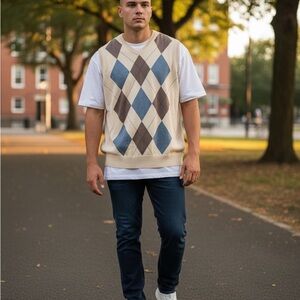 Haggar Tan Argyle V-Neck Sweater Vest with Blue & Brown Diamonds